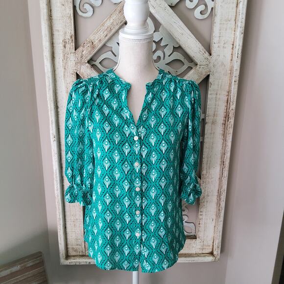 NY Collection Women's Petite Short Balloon Sleeve Button Front Blouse Top Geo - Picture 2 of 11